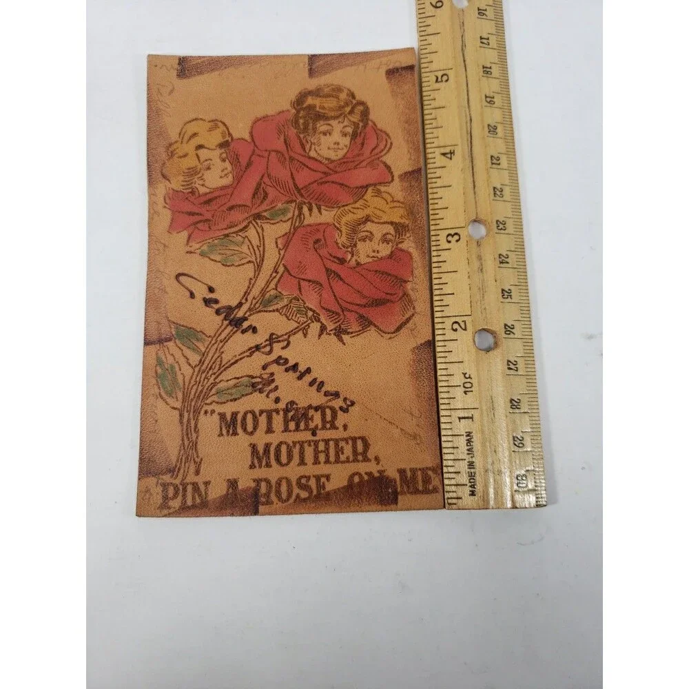 Antique Leather Postcard Mother Pin A Rose On Me Cedar Springs Michigan MI 1906